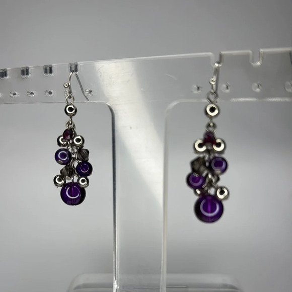 Purple and Silver Cluster Drop Earrings - Picture 2 of 4